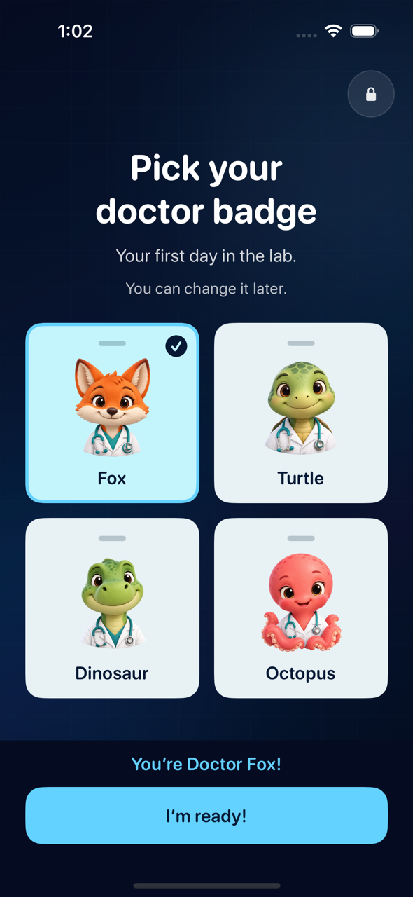 App screen titled Pick your doctor badge with Fox, Turtle, Dinosaur and Octopus portraits; Fox is selected