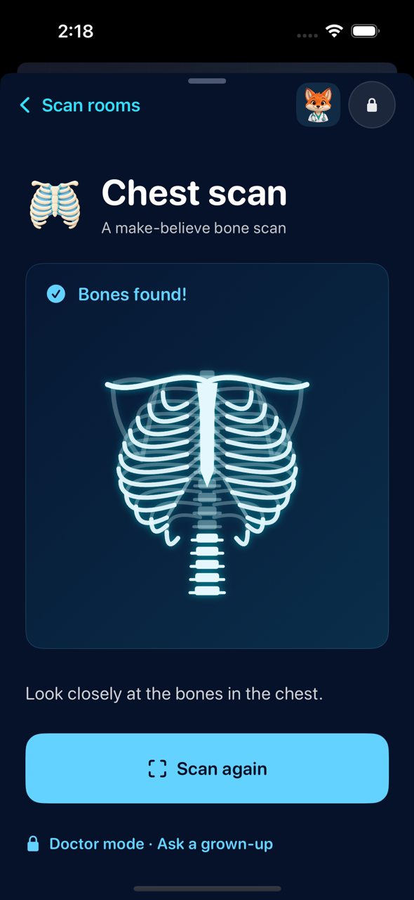 Chest scan screen showing Bones found and a glowing cartoon rib cage with a Scan again button